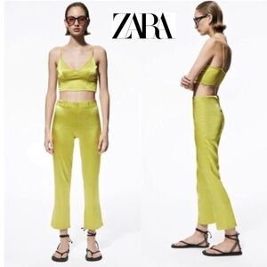 Zara limegreen satin effect cropped flare slim fit pants Sz M NWOT